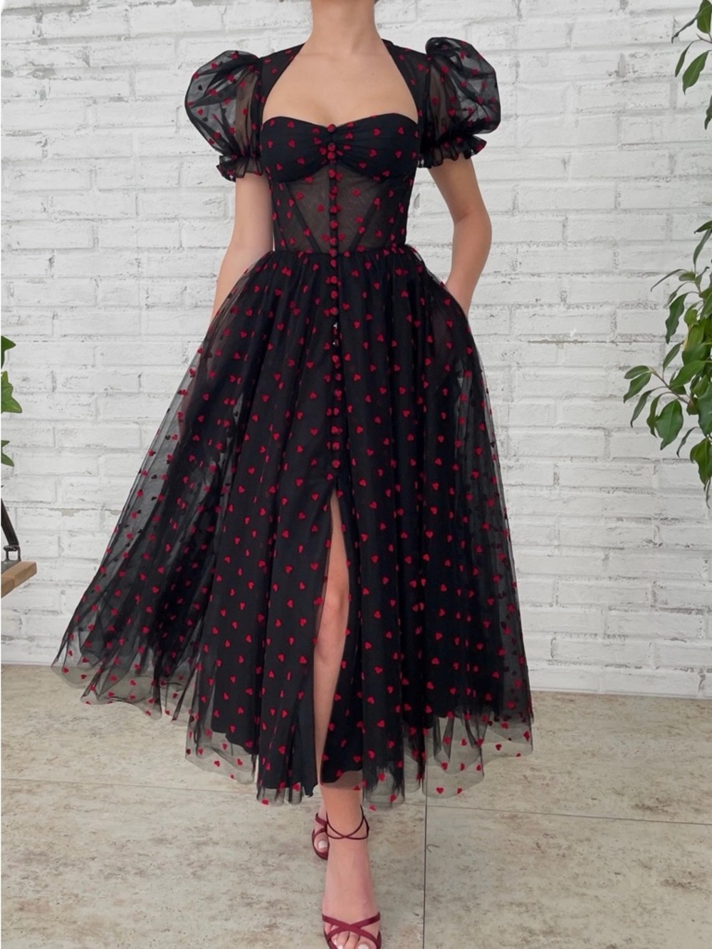 Black Tulle Midi Dress with Red Heart Accents